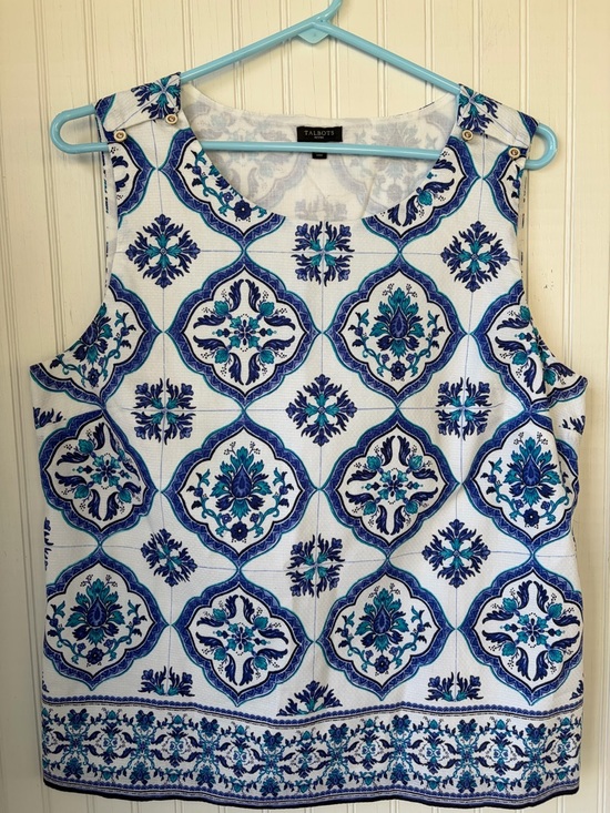 Talbots Tops - Talbots White Tank Top with Blue & Teal Tile Print